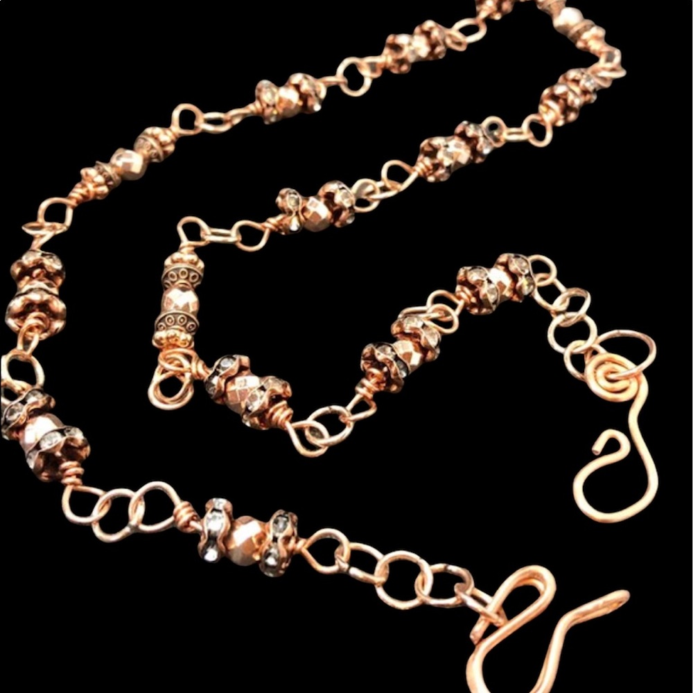⭐️✨handmade copper and rhinestone necklace 20” stunning, one of a kind